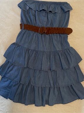 Strapless Tiered Denim Mini Dress with Brown Braided Belt